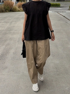 「THE CRAFT CREW PRODUCTS（ザクラフトクループロダクツ）のバックツイルカーブパンツ【THE CRAFT CREW PRODUCTS】（チノパンツ、ベージュ系）」を使った、りょんさん（レディース・165cm）の春コーディネート