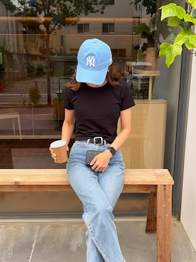 「YENNA（イェンナ）のチビT / クロップドT / コンパクトT / 4wayストレッチTシャツ（Tシャツ/カットソー、ブラック系）」を使った、りょんさん（レディース・165cm）の春コーディネート