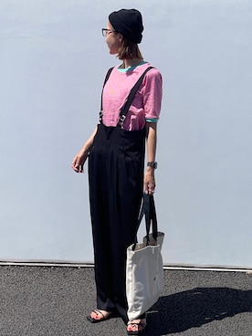 「カラーTシャツ」｜「アイテム（サロペット/オーバーオール）」を使った、りょんさん（レディース・165cm）の夏コーディネート