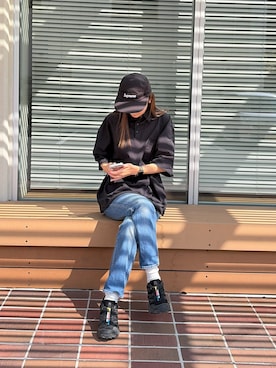 「THE CRAFT CREW PRODUCTS（ザクラフトクループロダクツ）の【EPIX AIRシリーズ】＜セットアップ対応＞ボックスシルエット ポケット半袖ポロシャツ / 接触冷感・UVカット・クイックドライ【THE CRAFT CREW PRODUCTS】（ポロシャツ、ブラック系）」を使った、りょんさん（レディース・165cm）の春コーディネート