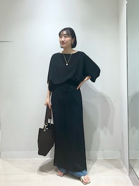 「GALLARDAGALANTE（ガリャルダガランテ）のドルマンジャージープルオーバー（シャツ/ブラウス、ブラック系）」を使った、momoka ikedaさん（レディース・157cm）の夏コーディネート