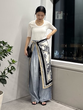 「GALLARDAGALANTE（ガリャルダガランテ）の【夏でも快適】シアーデニムパンツ（その他パンツ、ブルー系）」を使った、SERIさん（レディース・156cm）の春コーディネート