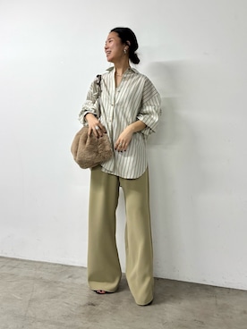 「GALLARDAGALANTE（ガリャルダガランテ）の【セットアップ対応】バックサテンドロストパンツ（その他パンツ、グリーン系）」を使った、SERIさん（レディース・156cm）の夏コーディネート