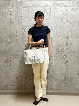 「russet（ラシット）の【モノグラム刺繍】コーデュラナイロントートバッグ（トートバッグ、グレー系）」を使った、mokaさん（レディース・165cm）の夏コーディネート