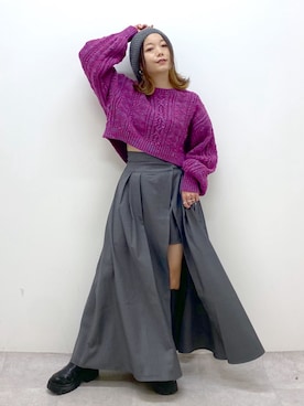 「ショート丈トップス」｜「アイテム（ハンチング/ベレー帽）」を使った、Chisaさん（レディース・154cm）の秋コーディネート