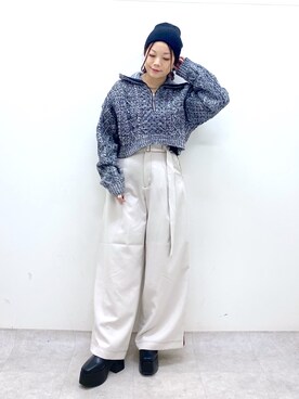 「ケーブルニット」｜「アイテム（ニットキャップ/ビーニー）」を使った、Chisaさん（レディース・154cm）の秋コーディネート