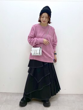 「ティアードスカート」｜「アイテム（ニットキャップ/ビーニー）」を使った、Chisaさん（レディース・154cm）の秋コーディネート