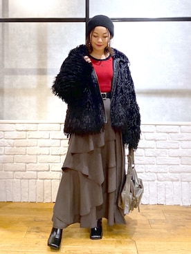 「ファー」｜「アイテム（ハンチング/ベレー帽）」を使った、Chisaさん（レディース・154cm）の冬コーディネート