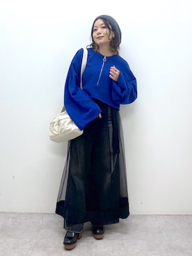 「ショート丈トップス」｜「アイテム（ハンチング/ベレー帽）」を使った、Chisaさん（レディース・154cm）の秋コーディネート