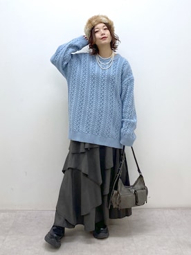 「ケーブルニット」｜「アイテム（アクセサリー）」を使った、Chisaさん（レディース・154cm）の冬コーディネート