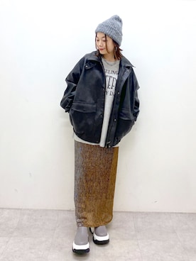 「ナロースカート」｜「アイテム（ニットキャップ/ビーニー）」を使った、Chisaさん（レディース・154cm）の秋コーディネート