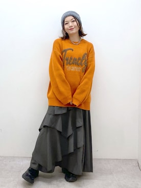 「ロゴニット」｜「アイテム（ニットキャップ/ビーニー）」を使った、Chisaさん（レディース・154cm）の冬コーディネート
