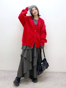 「ティアードスカート」｜「アイテム（ニットキャップ/ビーニー）」を使った、Chisaさん（レディース・154cm）の秋コーディネート