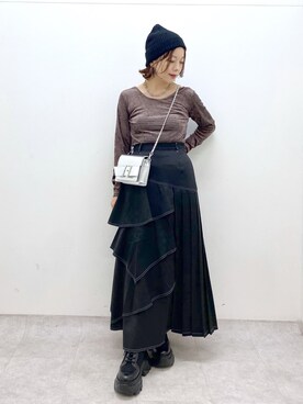 「ティアードスカート」｜「アイテム（ニットキャップ/ビーニー）」を使った、Chisaさん（レディース・154cm）の秋コーディネート