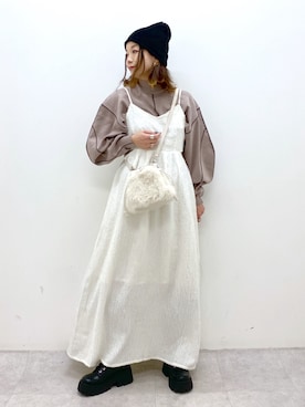 「PAGEBOY（ページボーイ）のニットビーニー（ニットキャップ/ビーニー）」を使った、Chisaさん（レディース・154cm）の秋コーディネート