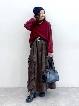 「PAGEBOY（ページボーイ）のラインフリンジティアードスカート/フリルスカート【ウエストゴム・ストレスフリー】（スカート）」を使った、Chisaさん（レディース・154cm）の秋コーディネート