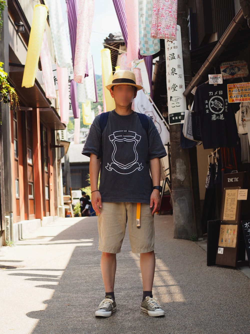 「MARGARET HOWELL、NUMBER (N)INE、undercover、N.HOOLYWOOD、JAM HOME MADE、PORTER、CASIO、プリントT、穴あきTシャツ、ハーフパンツ、夏コーデ、お出かけコーデ、スニーカーコーデ、ストリートコーデ、アツいコーデ全部見せ」｜「MARGARET HOWELLの麦わら帽子（ハット、ベージュ系）」を使った、Fさん（メンズ・169cm）の夏コーディネートの1枚目の写真
