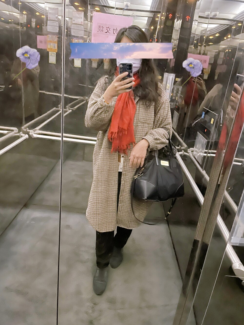 「コート、Houndstooth、omnes、scarf、cashmere、赤いスカーフ、ステンカラーコート」｜「OMNESのアイテム（ダッフルコート、その他）」を使った、linlinさん（レディース・160cm）の冬コーディネートの1枚目の写真