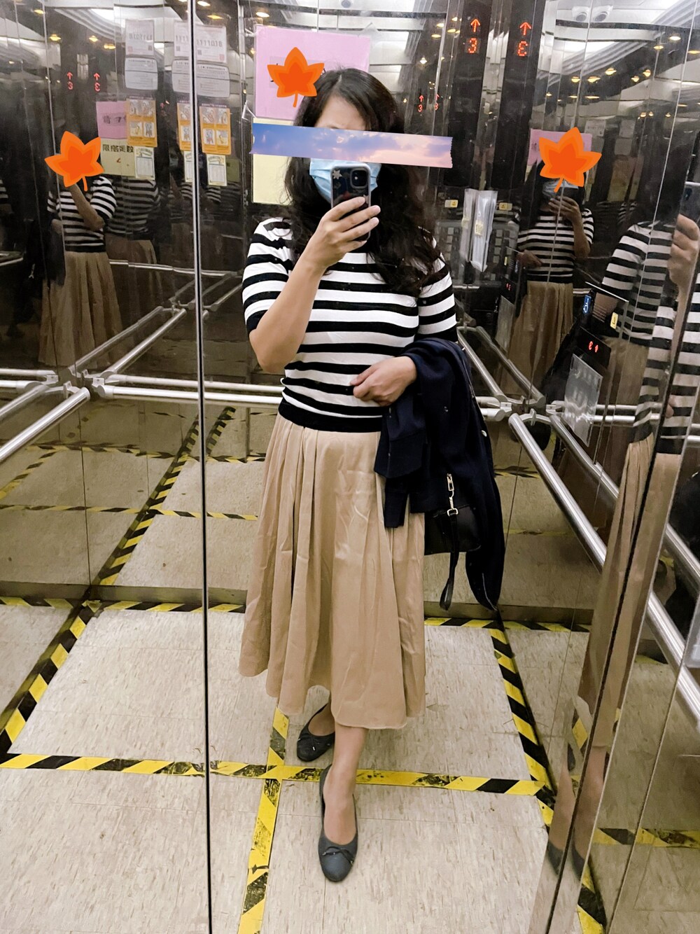 「office style、autumn look、秋コーデ、スカートスタイル、ボーダートップス」｜「ZARAのアイテム（ニット/セーター、その他）」を使った、linlinさん（レディース・160cm）の秋コーディネートの1枚目の写真