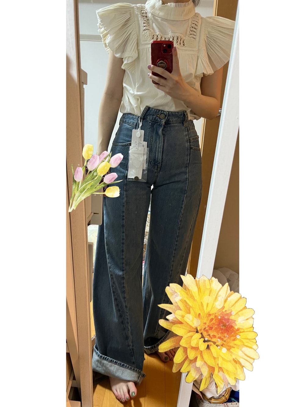 「seanewyork、TOMORROWLAND、Maison Margiela、夏デニム、デニムっていいよね」｜「TOMORROWLAND のSEA NEW YORK コットン ラッフルスリーブブラウス（シャツ/ブラウス、ホワイト系）」を使った、まめぞうさん（レディース・166cm）の夏コーディネートの1枚目の写真