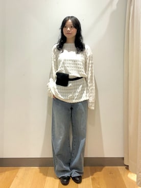 「KBF（ケイビーエフ）のシャドーチェックルーズロンTEE（Tシャツ/カットソー、ホワイト系）」を使った、harunaさん（レディース・158cm）の秋コーディネート