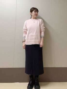 「UNTITLED（アンタイトル）の◆【洗える/体型カバー】コットンウールプルオーバーニット（ニット/セーター、ピンク系）」を使った、Atsumiさん（レディース・158cm）の冬コーディネート