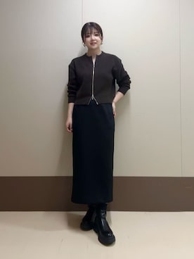 「UNTITLED（アンタイトル）の【ゆったりサイズ／着丈短め】ジップニットカーディガン（カーディガン/ボレロ、ブラウン系）」を使った、Atsumiさん（レディース・158cm）の秋コーディネート