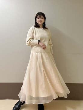 「UNTITLED（アンタイトル）の【アンサンブル可能/ラメ調】シャイニーセミラグランプルオーバーニット（ニット/セーター、ベージュ系）」を使った、Atsumiさん（レディース・158cm）の冬コーディネート