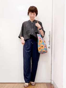 「SHOO・LA・RUE（シューラルー）の【洗濯機可/S-LL】大人の抜け感 ゆるっと5分袖シャツ（シャツ/ブラウス、ベージュ系）」を使った、みぃさん（レディース・159cm）の春コーディネート