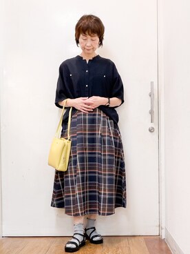 「SHOO・LA・RUE（シューラルー）の【洗濯機可/S-LL】大人の抜け感 ゆるっと5分袖シャツ（シャツ/ブラウス、ブルー系）」を使った、みぃさん（レディース・159cm）の春コーディネート