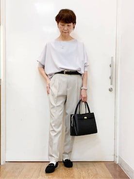 「SHOO・LA・RUE（シューラルー）の【着丈選べる/体型カバー/洗濯機可】さらさらとろん ドルマンブラウス（シャツ/ブラウス、ブルー系）」を使った、みぃさん（レディース・159cm）の春コーディネート