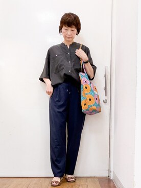 「SHOO・LA・RUE（シューラルー）の【洗濯機可/S-LL】大人の抜け感 ゆるっと5分袖シャツ（シャツ/ブラウス、グレー系）」を使った、みぃさん（レディース・159cm）の春コーディネート