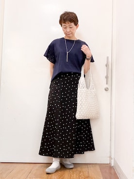 「SHOO・LA・RUE（シューラルー）の【汗じみ防止/ひんやり/S-LL】レースが華やか お袖フレアTシャツ（Tシャツ/カットソー、ブルー系）」を使った、みぃさん（レディース・159cm）の夏コーディネート