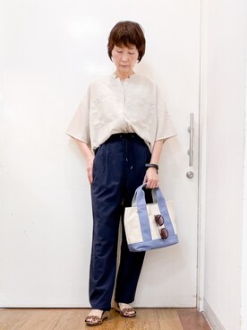 「SHOO・LA・RUE（シューラルー）の【洗濯機可/S-LL】大人の抜け感 ゆるっと5分袖シャツ（シャツ/ブラウス、ベージュ系）」を使った、みぃさん（レディース・159cm）の春コーディネート