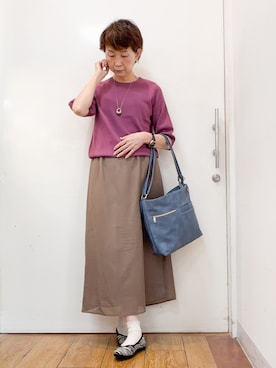 「SHOO・LA・RUE（シューラルー）の【ガンガン洗える/ひんやり/UV/毛玉になりにくい】二の腕見せない 5分袖ニット（ニット/セーター、パープル系）」を使った、みぃさん（レディース・159cm）の夏コーディネート