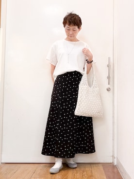 「SHOO・LA・RUE（シューラルー）の【汗じみ防止/ひんやり/S-LL】レースが華やか お袖フレアTシャツ（Tシャツ/カットソー、ホワイト系）」を使った、みぃさん（レディース・159cm）の夏コーディネート