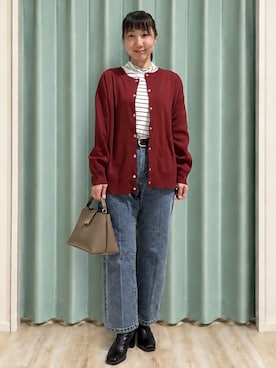 「SHOO・LA・RUE（シューラルー）の【セットアップ可/洗濯機可】軽やかに羽織れる スポンディッシュ ニットカーディガン（カーディガン/ボレロ、レッド系）」を使った、まつみさん（レディース・162cm）の秋コーディネート