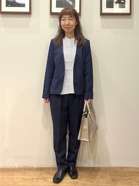 「SHOO・LA・RUE（シューラルー）の【セットアップ可/通勤/洗濯機可/SS-LL】女性らしく決まる カラーレスジャケット（ノーカラージャケット、ブルー系）」を使った、まつみさん（レディース・162cm）の秋コーディネート