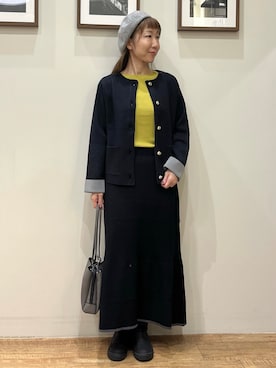 「SHOO・LA・RUE（シューラルー）の【S-LL/洗濯機可/静電気防止】もちもち配色ダブルフェイスカーディガン（カーディガン/ボレロ、ブラック系）」を使った、まつみさん（レディース・162cm）の秋コーディネート