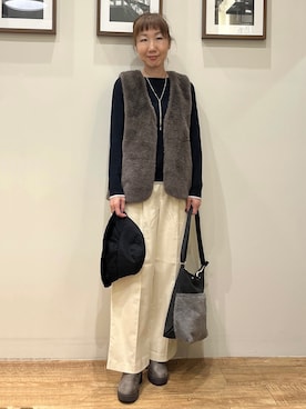 「SHOO・LA・RUE（シューラルー）の【毛玉になりにくい/S-LL/洗濯機可】ボートネックで首元美しく やわらかリブニット（ニット/セーター、ブラック系）」を使った、まつみさん（レディース・162cm）の秋コーディネート