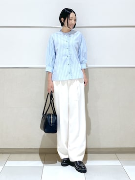 「Dessin（デッサン）の【UVカット】ストライプフリルブラウス6分袖（シャツ/ブラウス、ブルー系）」を使った、erikoさん（レディース・165cm）の秋コーディネート