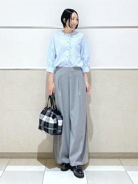 「Dessin（デッサン）の【UVカット】ストライプフリルブラウス6分袖（シャツ/ブラウス、ブルー系）」を使った、erikoさん（レディース・165cm）の秋コーディネート