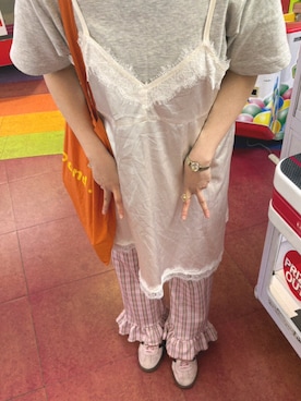 「しまむら（シマムラ）のアイテム（パンツ、ピンク系）」を使った、neinen54さん（レディース・154cm）の夏コーディネート