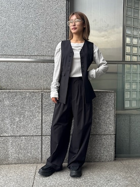 「Obis＆（オビスアンド）のレイヤード風シアーカットソーロンT（Tシャツ/カットソー、グレー系）」を使った、Obis&さん（レディース・156cm）の夏コーディネート