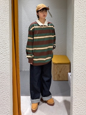 「Timberland（ティンバーランド）の5ポケット ワイドレッグ デニム パンツ レディース（デニムパンツ、ブルー系）」を使った、linさん（レディース・160cm）の秋コーディネート