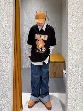 「Timberland（ティンバーランド）のベースボール キャップ（キャップ、ベージュ系）」を使った、linさん（レディース・160cm）の秋コーディネート