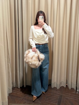 「LOUNGEDRESS（ラウンジドレス）の《着映えトップス》NEWドレープカットソー（Tシャツ/カットソー、ホワイト系）」を使った、sakuraさん（レディース・153cm）の夏コーディネート