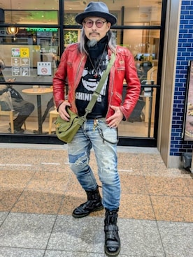 「アイテム（ライダースジャケット）」を使った、828suesueさん（メンズ・170cm）の春コーディネート