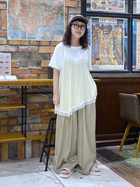 「niko and...（ニコアンド）のDRYイージーワイドパンツ（その他パンツ、ベージュ系）」を使った、おやぶさん（レディース・157cm）の夏コーディネート