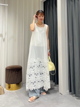 「DouDou（ドゥドゥ）のレース切替ワンピース（ワンピース、ホワイト系）」を使った、mocaさん（レディース・167cm）の夏コーディネート